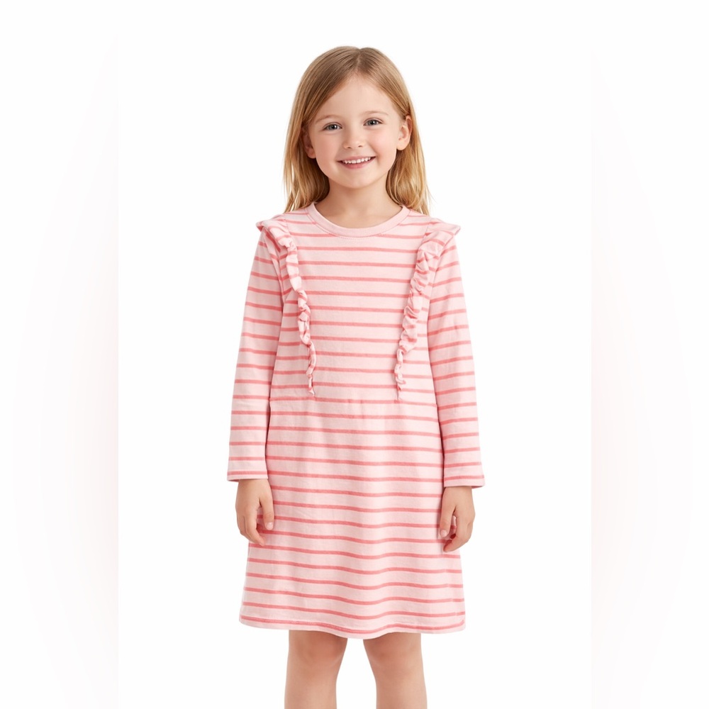 Tea Collection Girls Ruffle Dress Size 8 Pink Coral Stripe Long Sleeve Cotton